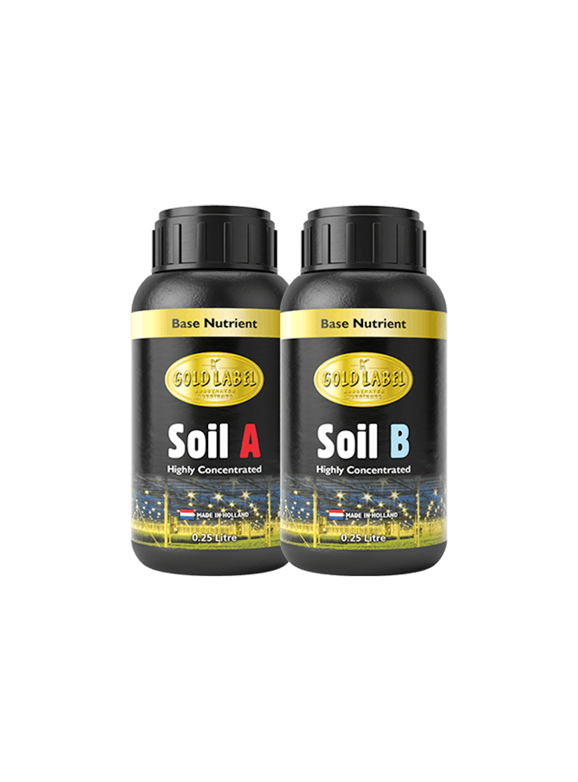 2 black 250ml bottles of Gold Label Soil A and Soil B