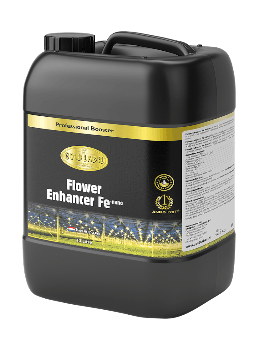 Black 10L bottle of Gold Label Flower Enhancer Fe Nano