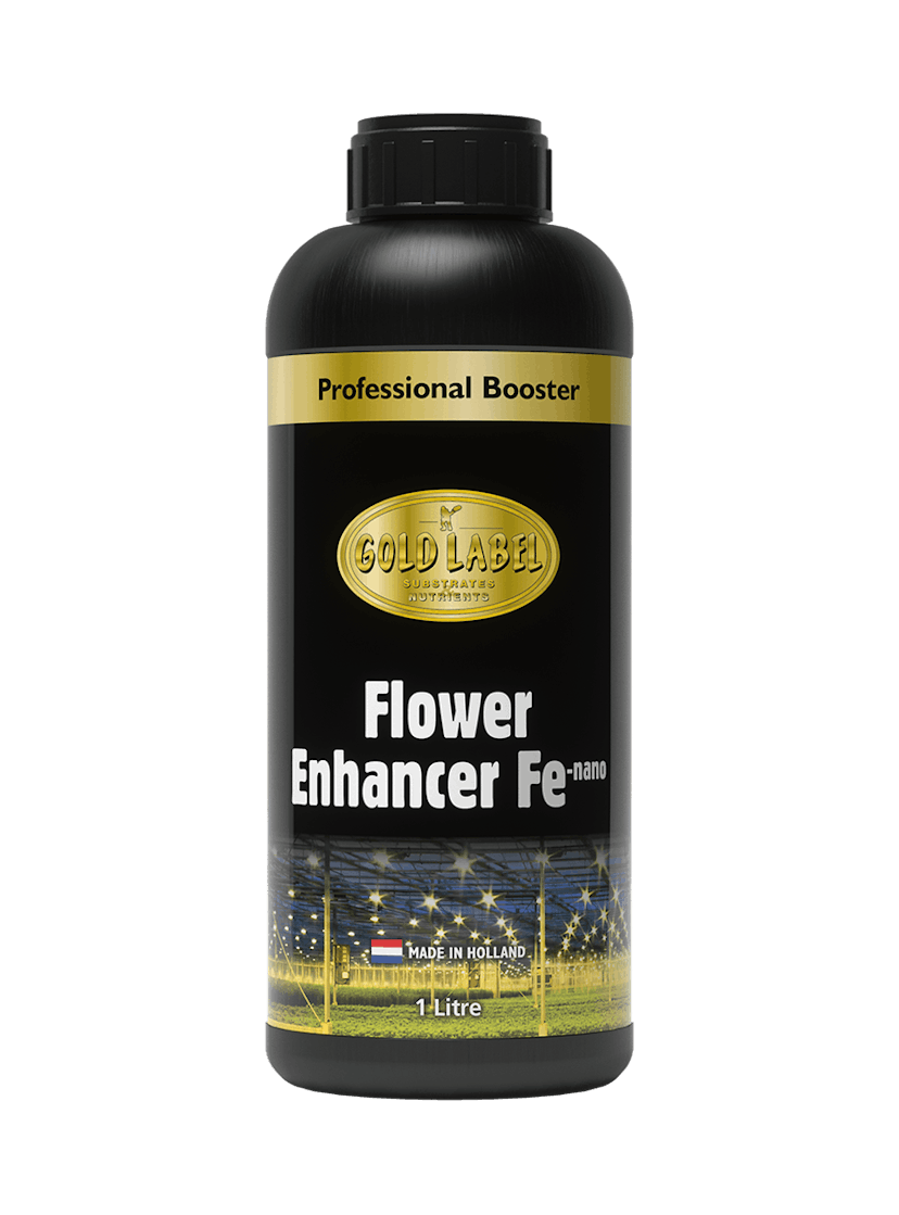 Black 1 Litre bottle of Gold Label Flower Enhancer Fe Nano