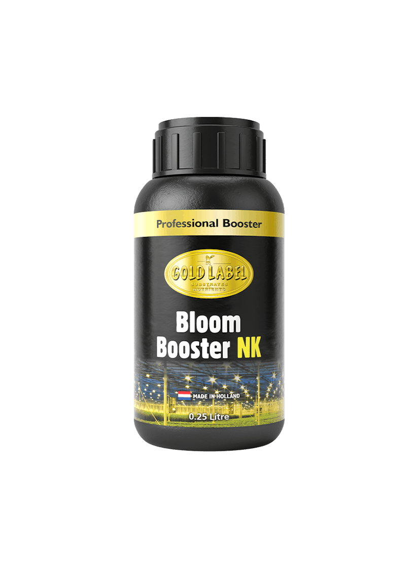 Black 250ml bottle of Gold Label Bloom Booster NK