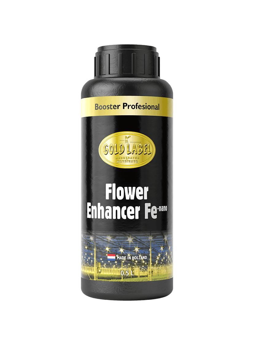 Black 500ml bottle of Gold Label Flower Enhancer Fe Nano
