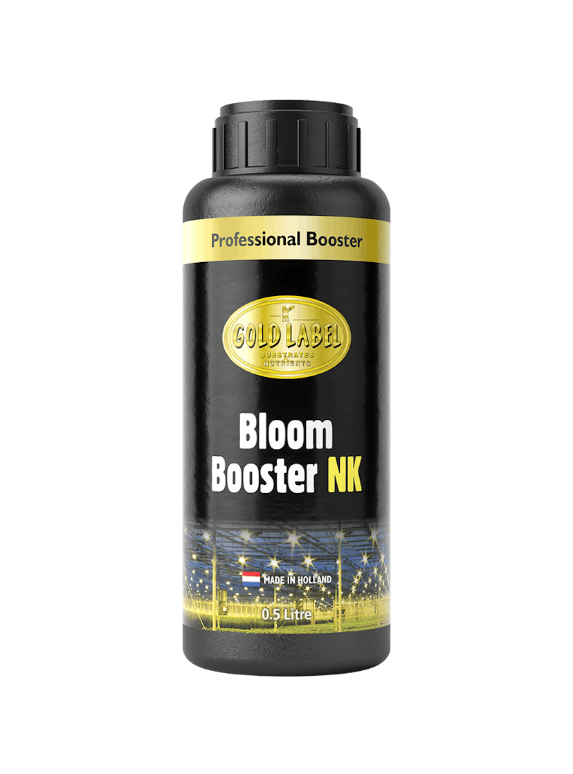 Black 500ml bottle of Gold Label Bloom Booster NK