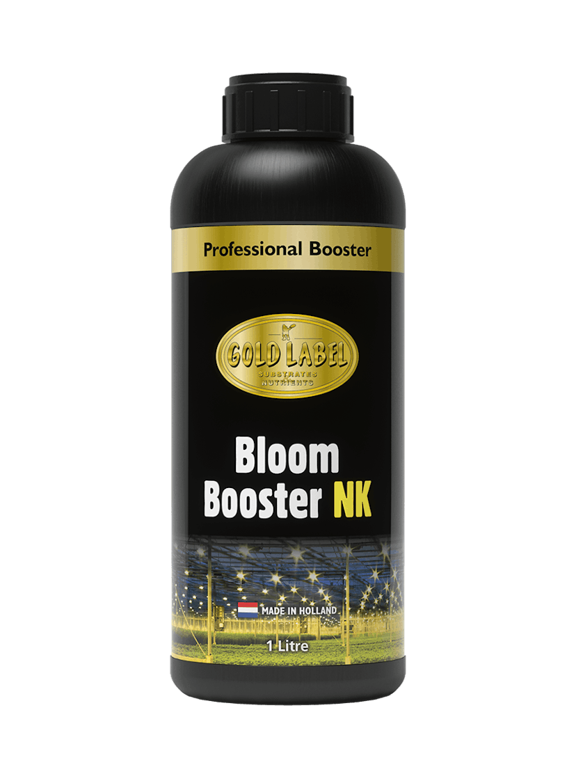 Black 1 Litre bottle of Gold Label Bloom Booster NK