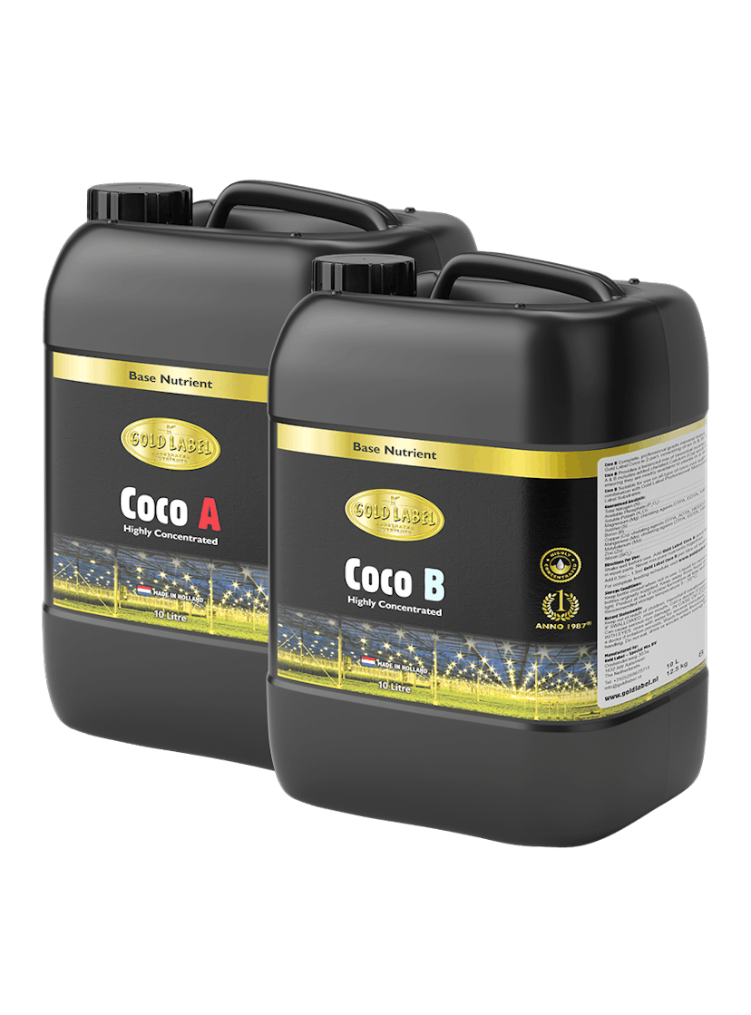 2 black 10 Litre bottles of Gold Label Coco A and Coco B